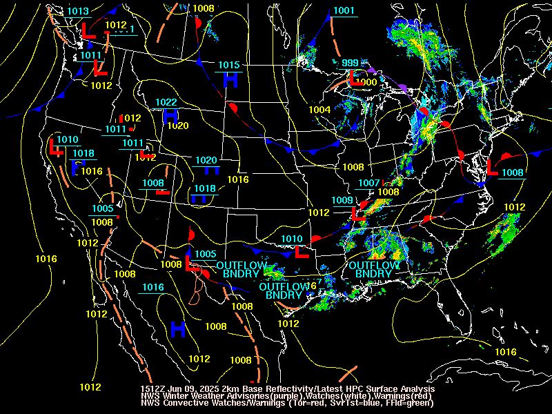 Latest WPC surface analysis, NWS Winter Weather Watches/Warnings/Advisories, and radar loop