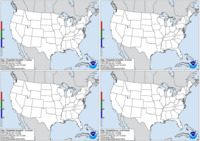 Day 1 probability of snow greater than or equal to 4, 8, and 12 inches and freezing rain greater than or equal to .25 inch